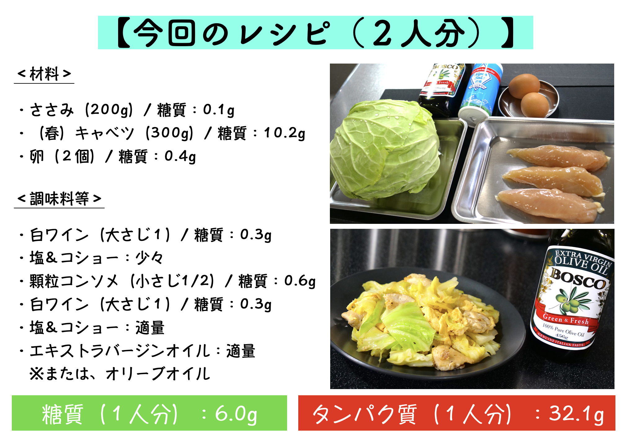 ささみとキャベツのオリーブオイル油炒めのレシピ